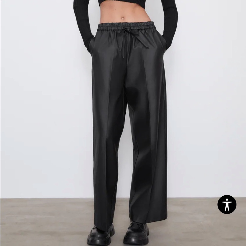 Zara wide leg waxed pants, drawstring waist